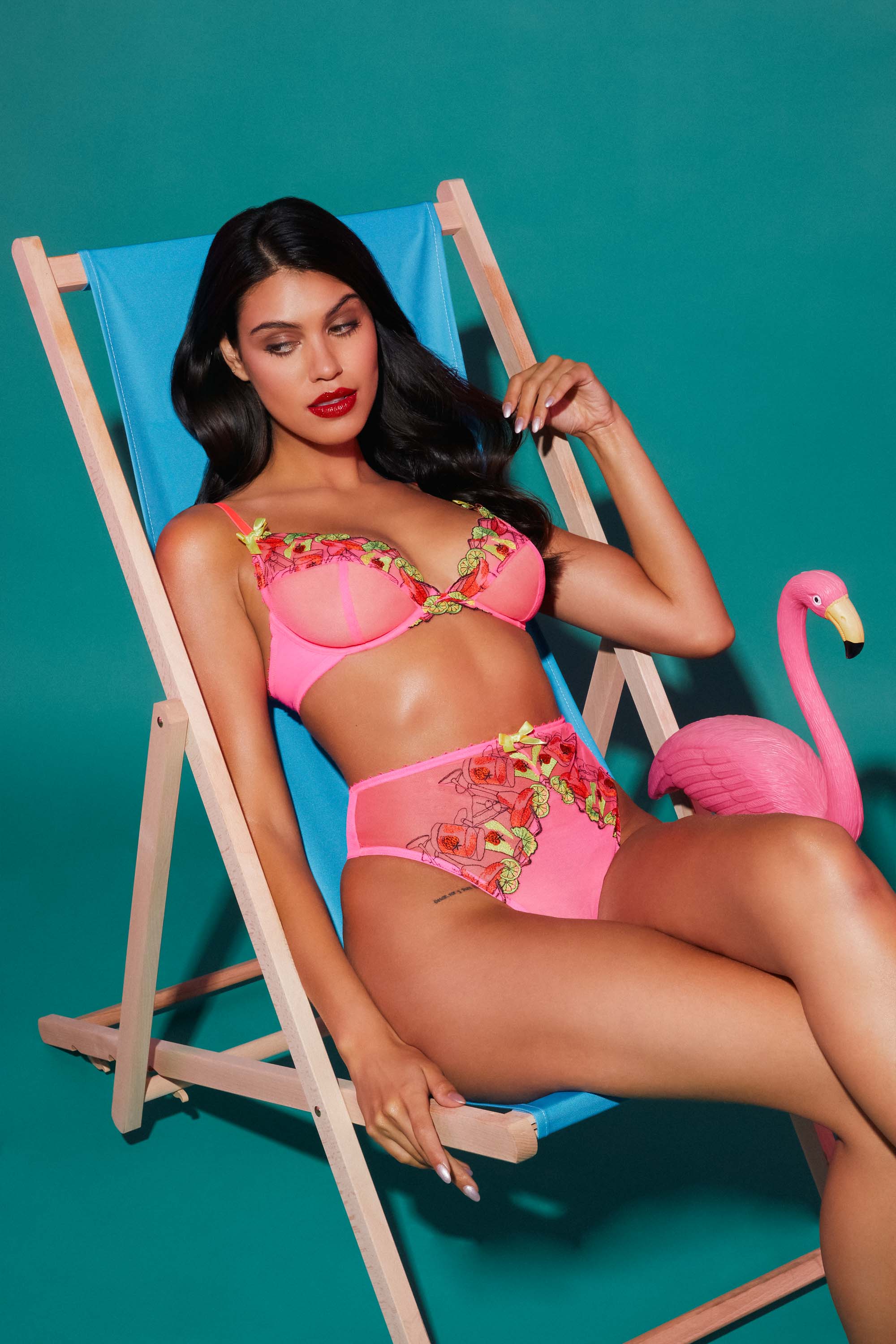 Magda Pink Neon Cocktail Embroidery Plunge Bra - Image 5
