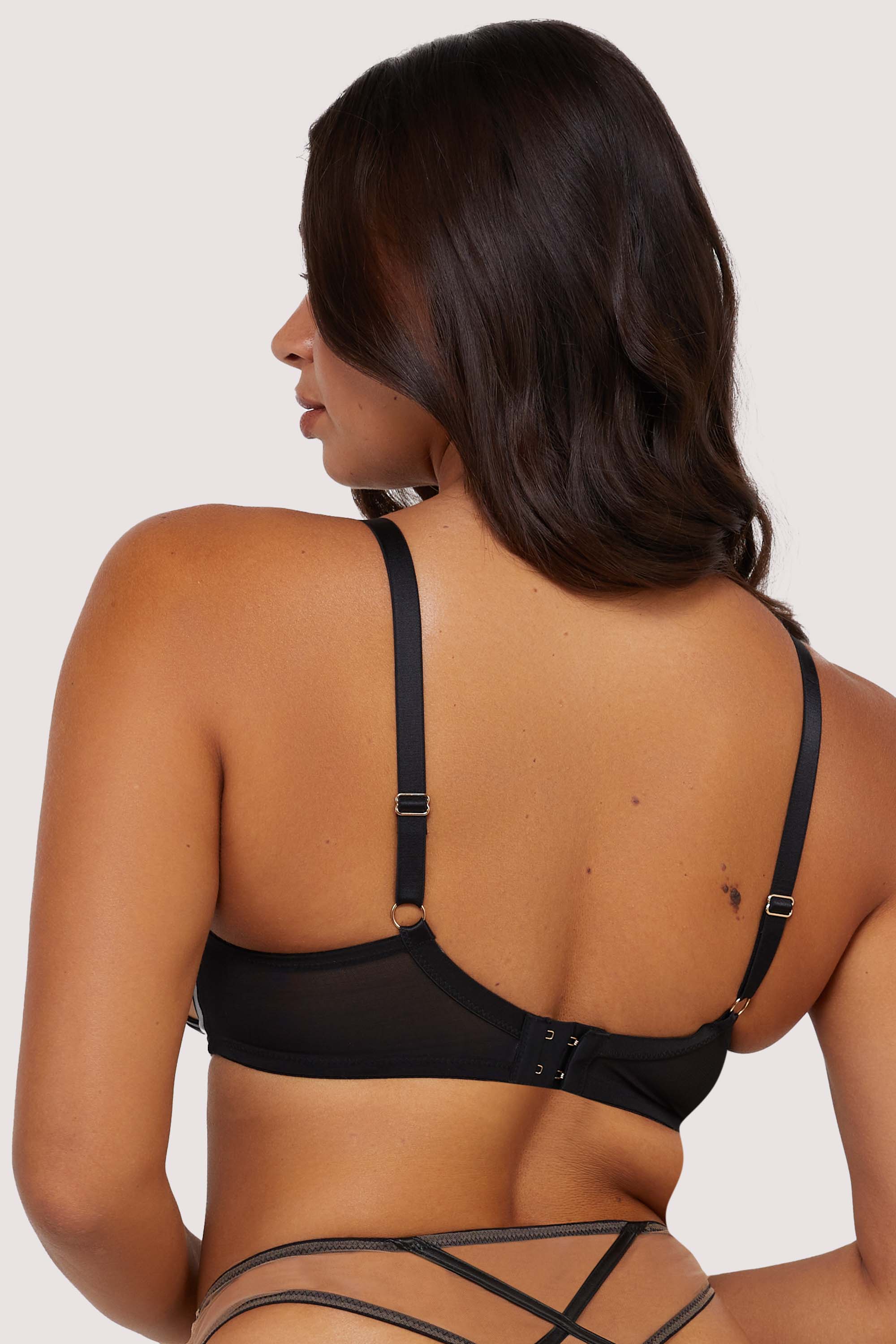 Ramona Black Leatherette Strap Detail Illusion Mesh Bra - Image 3